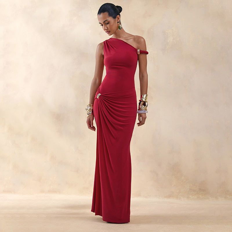 European and american cross-border women's clothing:  summer new arrival - elegant socialite style one-shoulder irregular metallic buckle dress