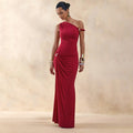 European and american cross-border women's clothing:  summer new arrival - elegant socialite style one-shoulder irregular metallic buckle dress