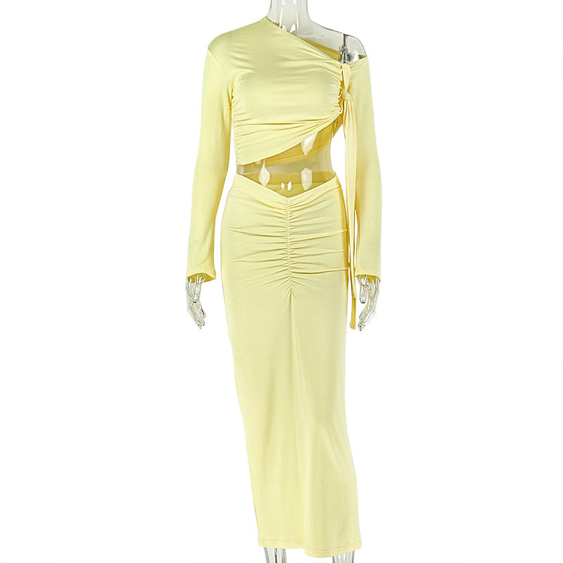 Fashion styleexportpure colorsilm women's exposed navel wrap chest skirt suit oblique collar one shoulder asymmetrical long sleevestwo-piece set