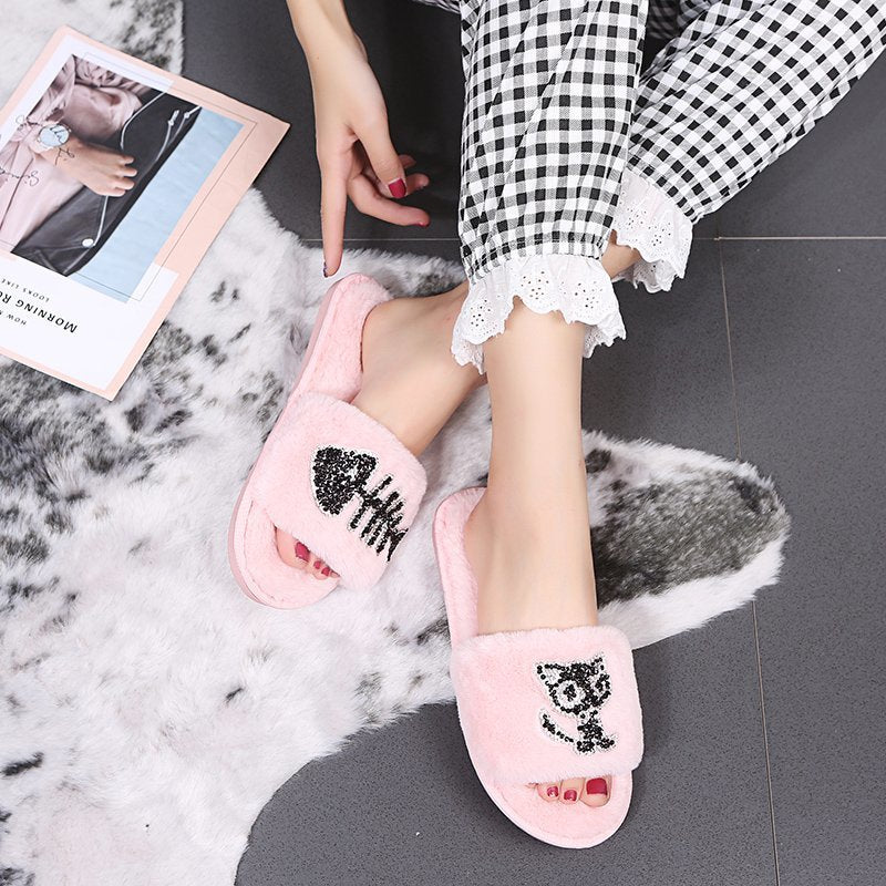 Cartoon cotton slippers women's winter home indoor 2024 new warm cute plush floor slippers household cotton slippers women