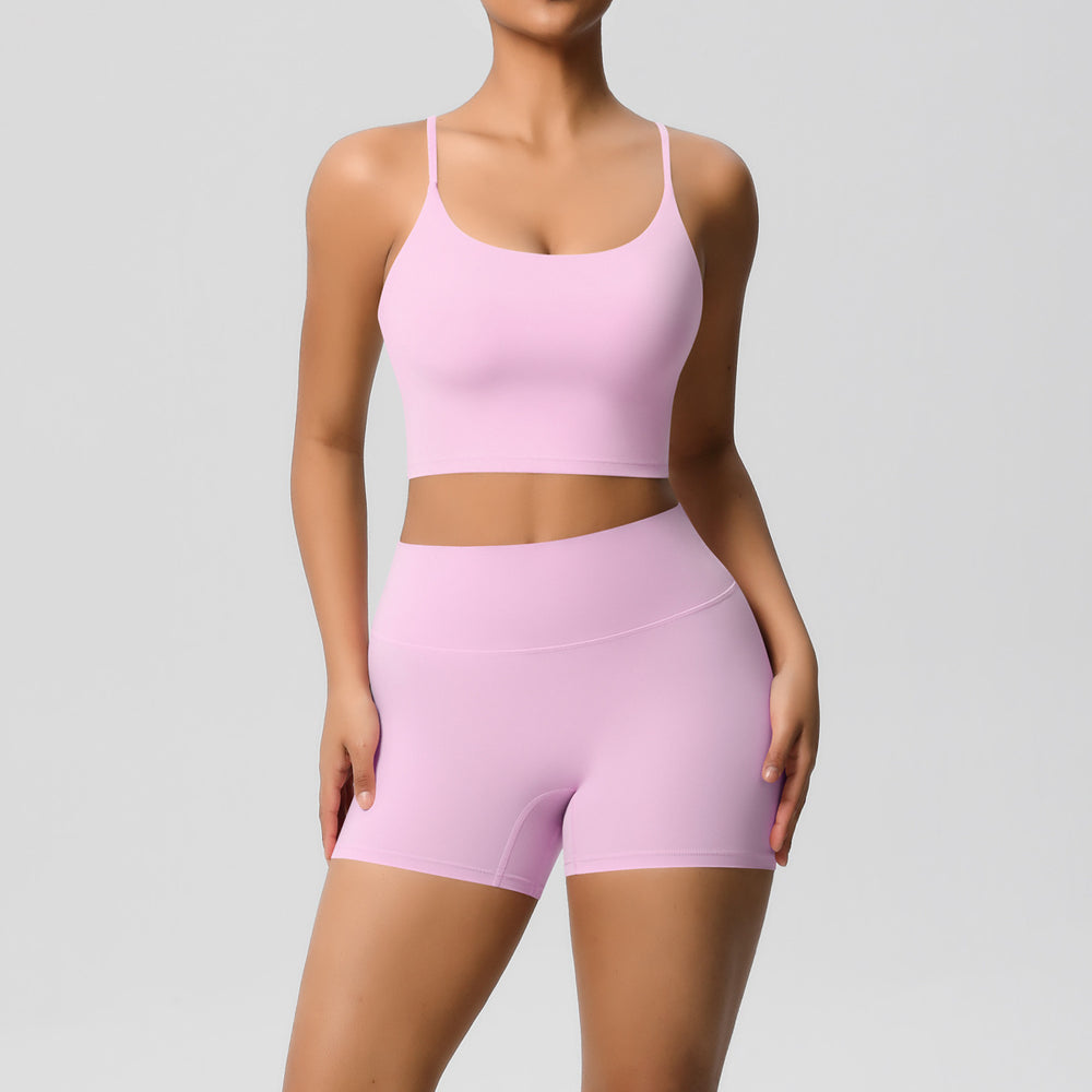 New arrival: cross-border brushed solid color racerback compression breathable yoga set - women's activewear running & fitness shorts set