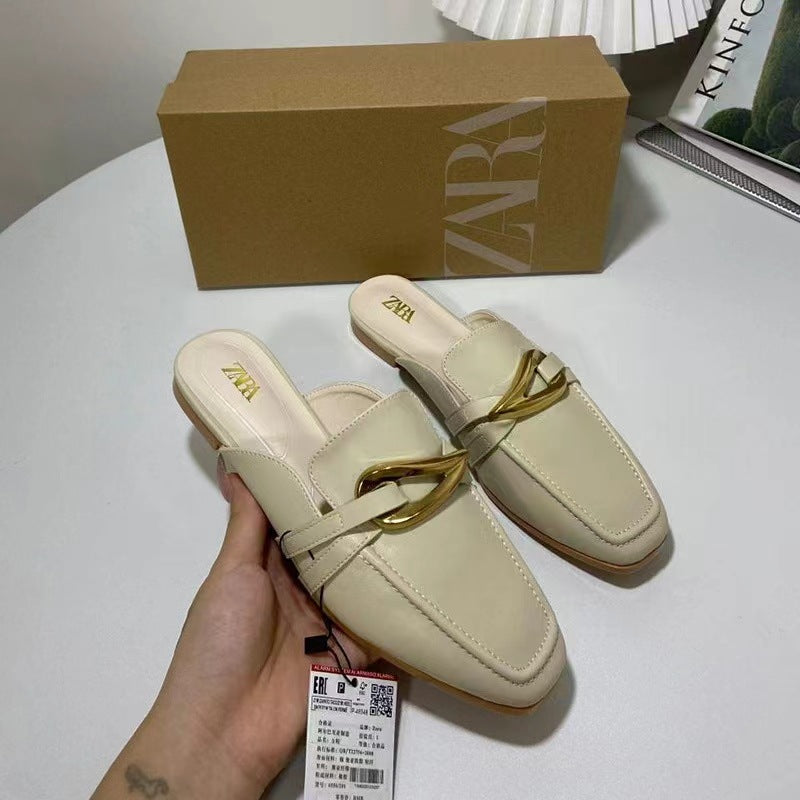 2024 spring new tr women's shoes white metal decoration detail slingback boat shoes round toe half slippers flats shoes