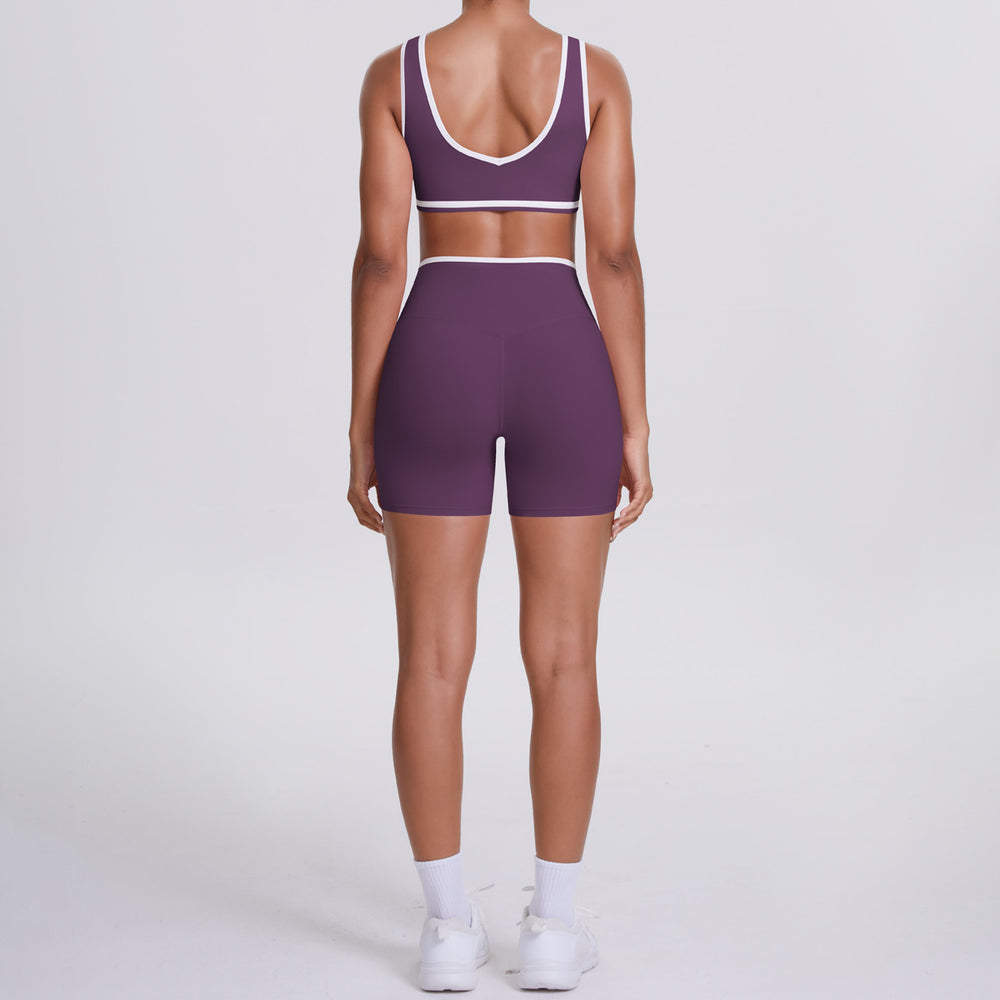 double-sided brushed contrast color tight breathable cross-waist yoga suit sports running fitness two-piece set for women