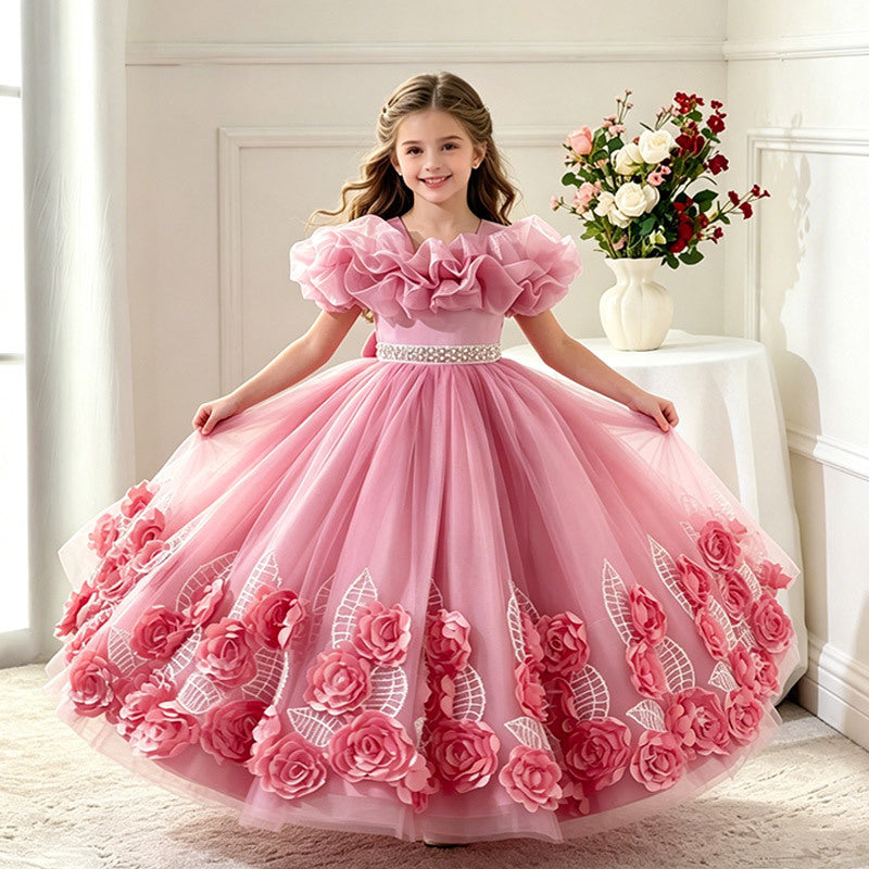 Export kids dress style princess skirt embroider flower beaded tutu skirt host piano wedding dress performance costume