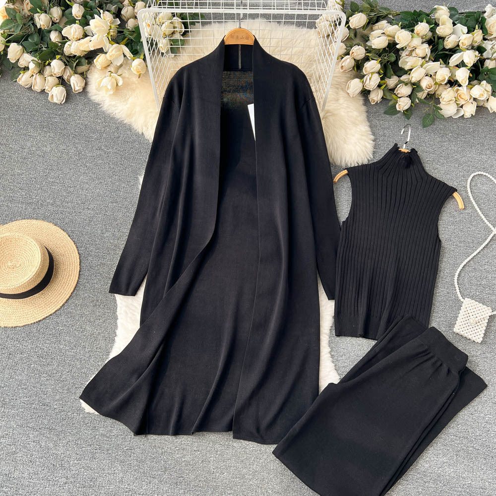 Autumnew arrival lazy looseknittingsuit women's long shawl cardigan + turtleneck sweater + loose pants three-piece set