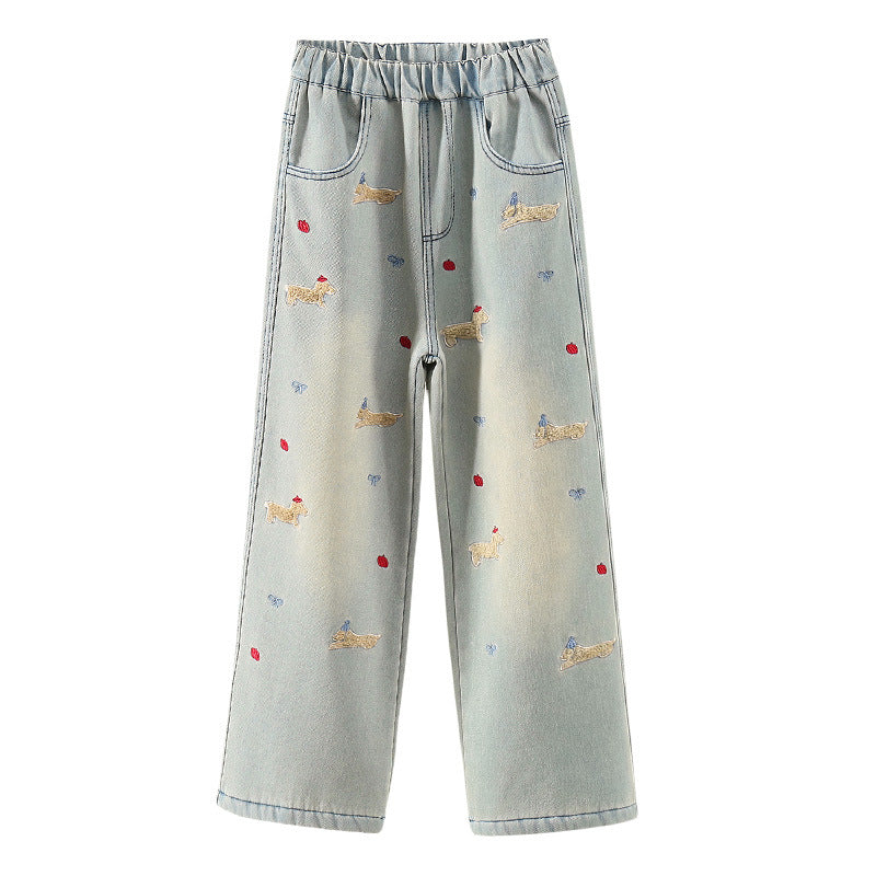 Girls' jeans - spring/autumn collection  - new spring styles - trendy wide-leg pants for older girls - middle school spring straight-leg trousers