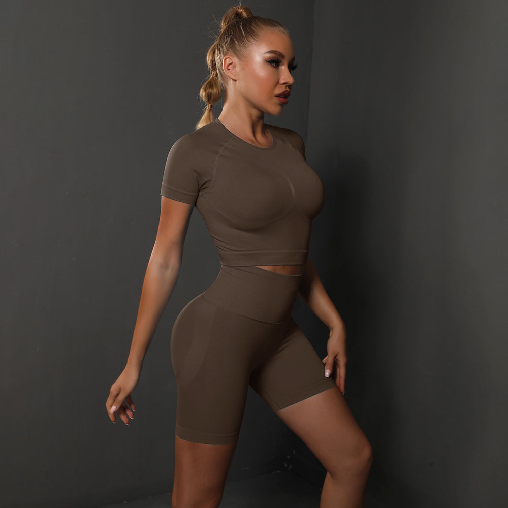 fashion seamless peach butt pure color high elastic yoga short sleeve shortssuitrunning sports fitness two-piece set