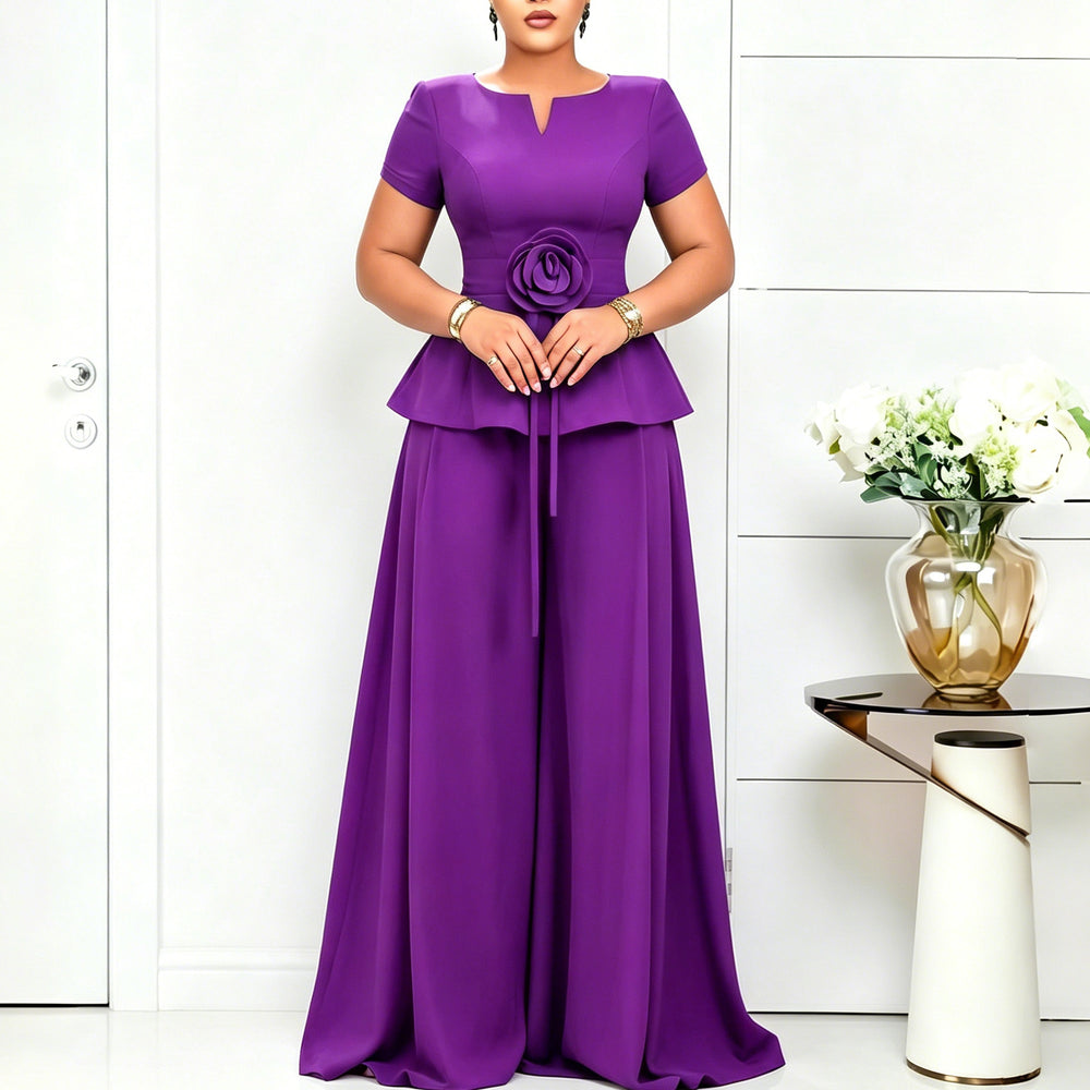 D3371 european and american cross-border summer elegant fashion plus size short sleeve ruffle top casual wide leg pants set