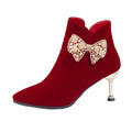 Boots women's outwear 2024 fall and winter style pointed thick heel xiuhe red bridal shoes suede short boots wedding shoes