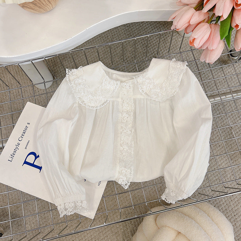 Kids'  autumn new arrival: stylish long-sleeve pure cotton shirt with peter pan collar and lace trim - korean style fashion blouse for girls