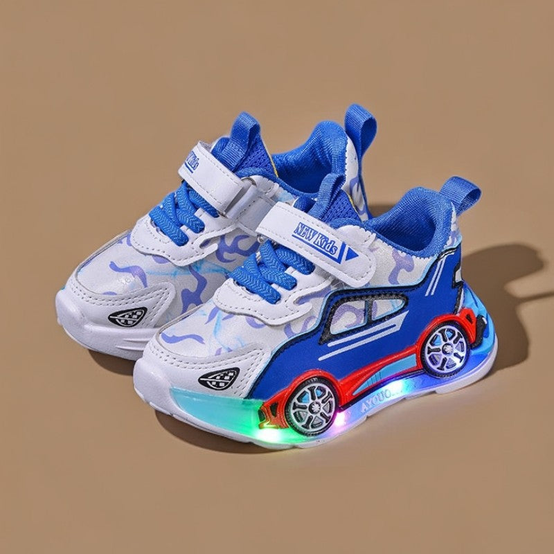 Glowing sneakers  spring/autumn new cartoon car kids' casual shoes, leather light-up shoes for young boys and girls
