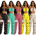 C7313 cross-border   fashion women's sexy eyelet metal buckle pants two-piece set new