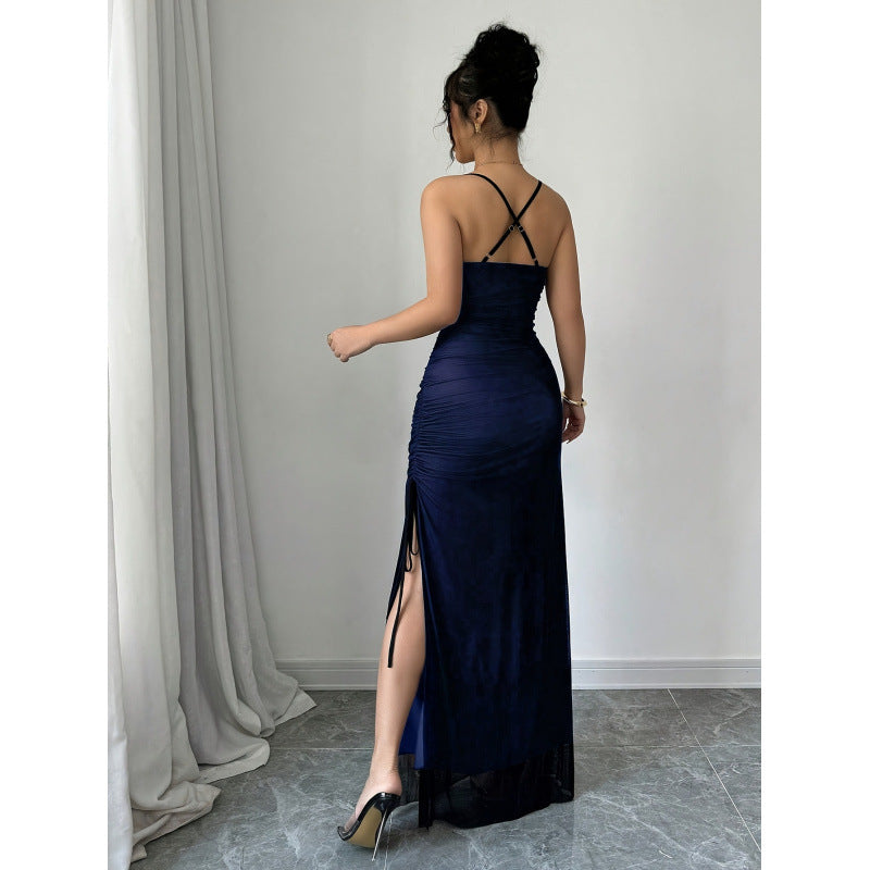 women's mesh panel crisscross backless maxi dress