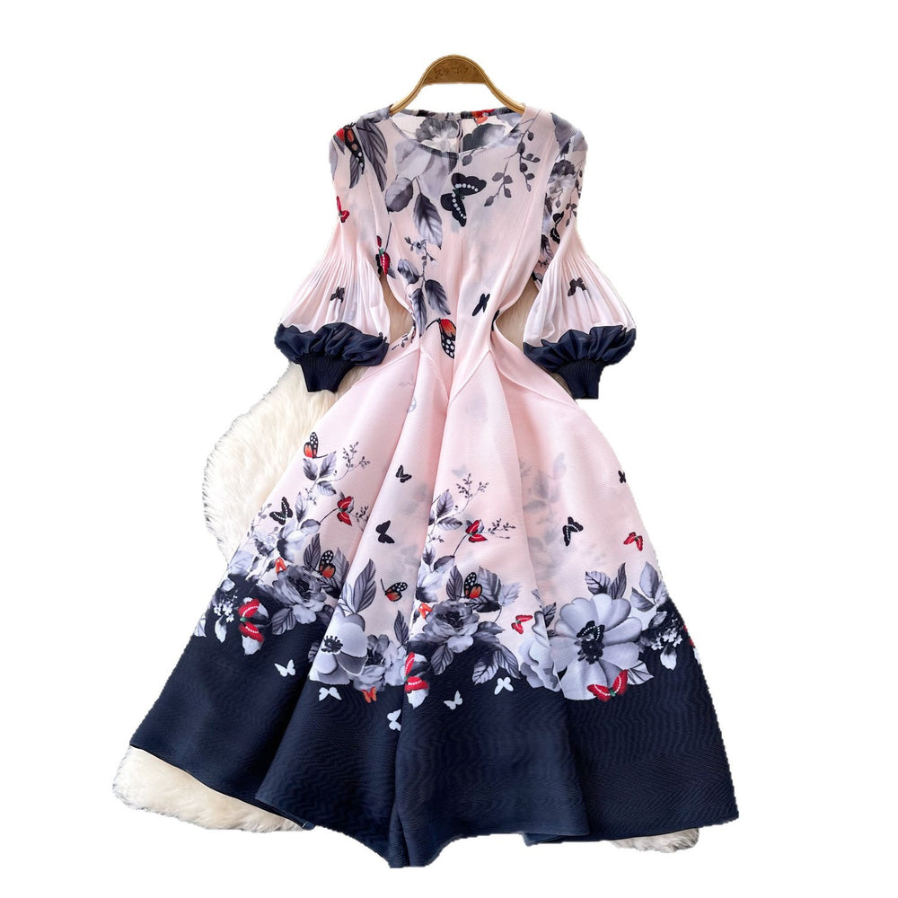 French romantic floral print dress - women's spring long sleeve slim fit a-line maxi dress - elegant, chic, and youthful