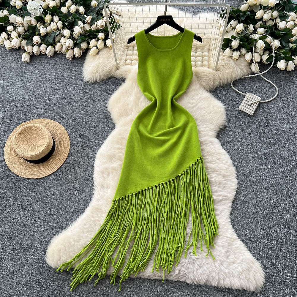 new european and american  cross-border e-commerce women's sleeveless slim-fit tassel french summer cinched waist maxi dress