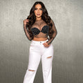C6355   fashion women's solid color mesh rhinestone beaded long sleeve top - single piece set
