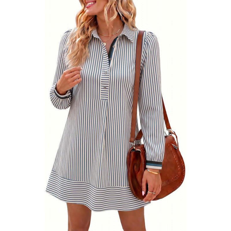 dopamine  autumn new arrival: high-end, elegant bubble sleeve striped mini dress