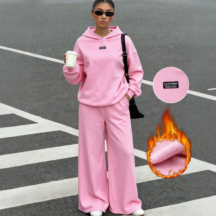fashion  fall and winter new pink fleece-linedsuit sports knitting pullover shirt and wide-leg pants two pieces