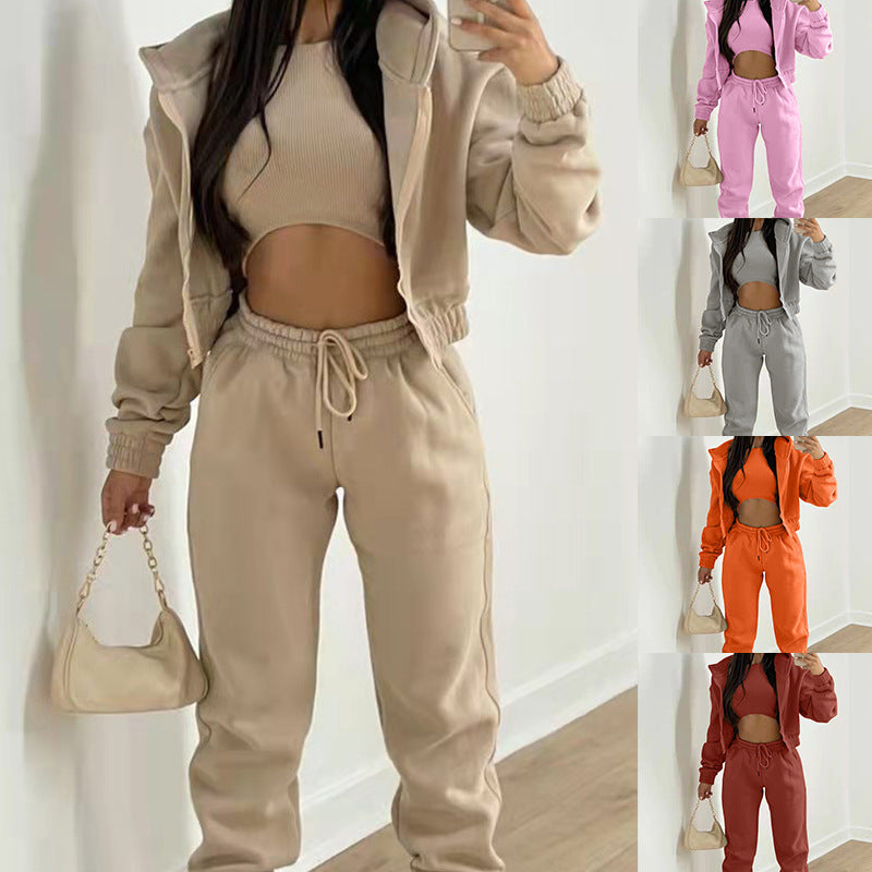 cross-border e-commerce european and american women's clothing: new summer collection - solid color casual activewear three-piece set (hoodie, sweatpants, and top)