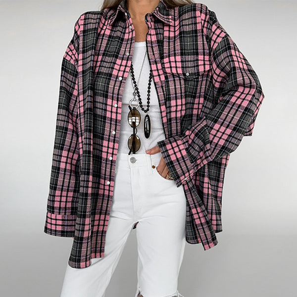 2025 spring loose pink plaid shirt fashion casual oversiez sunscreen shirt cardigan European and American women's clothing