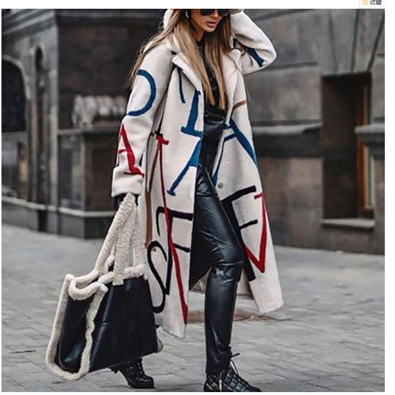 In stock! fashion cross-border fall and winternew arrivalwomen's looseplus sizeprinting windbreaker lapel coatoutwear women