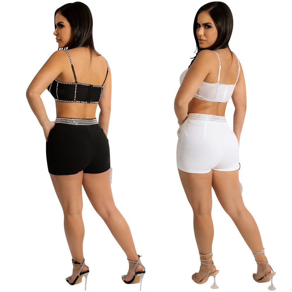 X5676 cross-border   fashion new product hot diamond sling zipper chest wrap vest shorts two-piece set