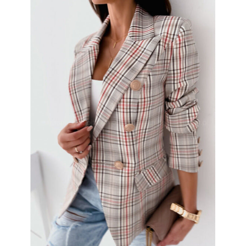 Fall and winternew arrivallong sleeves double-breasted fashioncasualprinting small suit women's silmwoolenoutwear