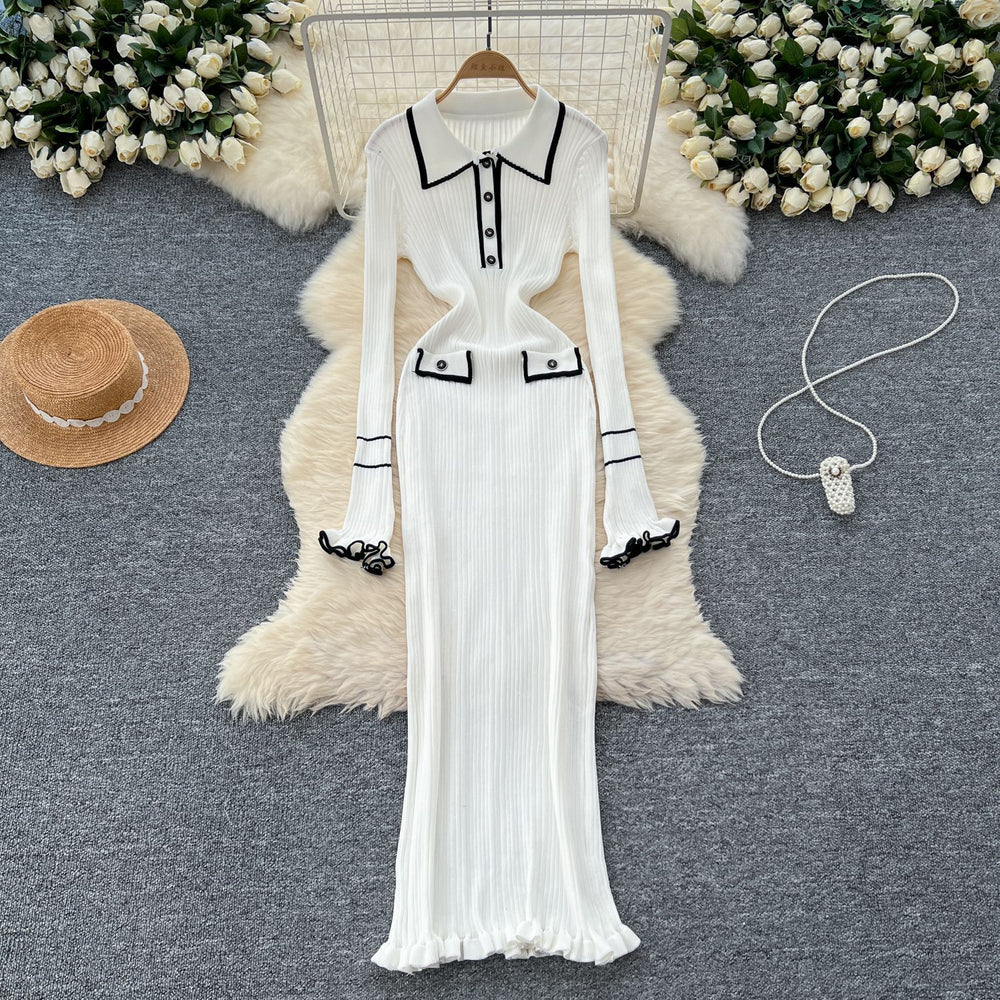 Autumfrenchelegance tweed styleknittingdresslong skirt women's fashioncontrast color lapellong sleeves silmslimming look trendy