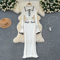 Autumfrenchelegance tweed styleknittingdresslong skirt women's fashioncontrast color lapellong sleeves silmslimming look trendy