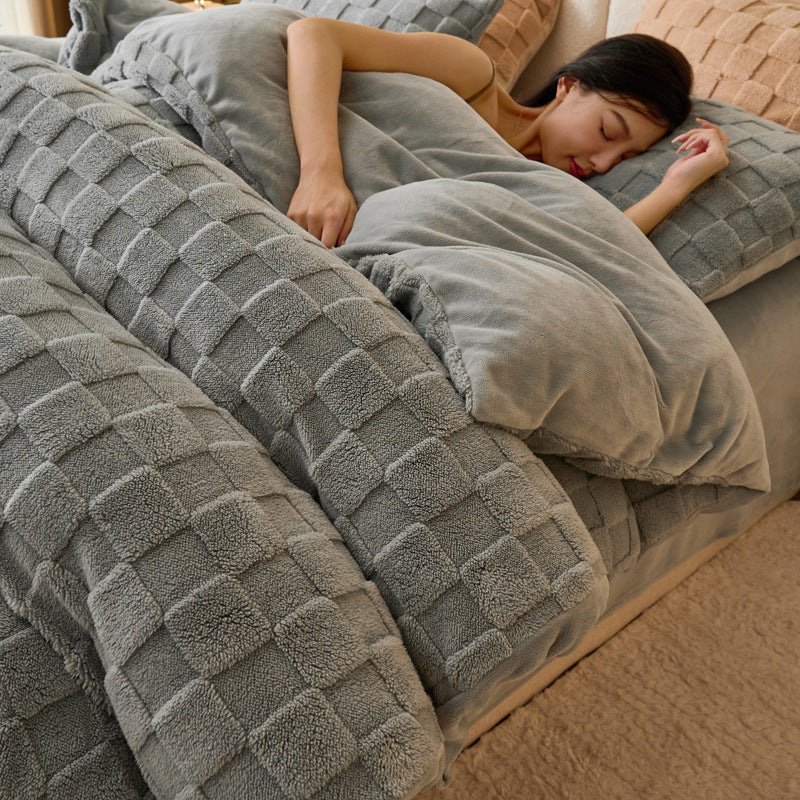 Solid color Tafu fleece four-piece winter thickened milk fleece quilt cover Nantong fleece bedding coral fleece sheets