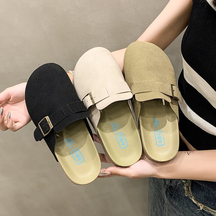 Taizhou plus size slip-on toe-cap half slippers 2025new arrivalretroflats slippers round toe suede lazy slippers