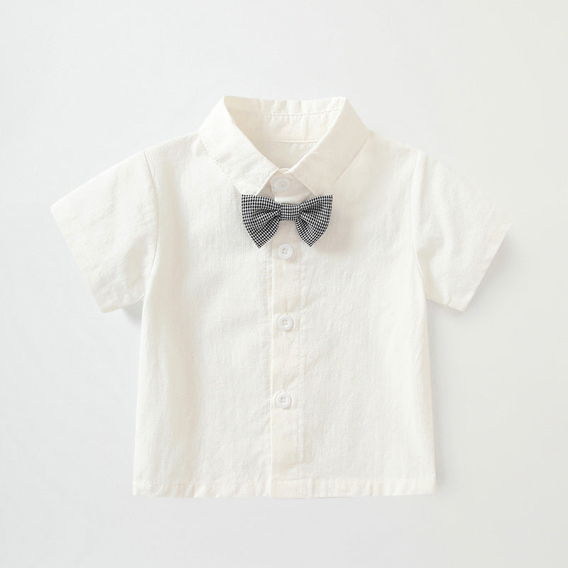 summer gentleman's kids' outfit: preppy style short-sleeve shirt and overalls two-piece set - wholesale for boys