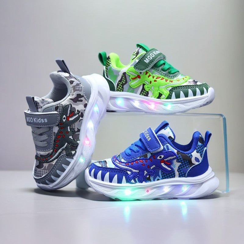 Cool boy  new led light-up shoes for ages 1-6, luminous leather t-rex casual sneakers