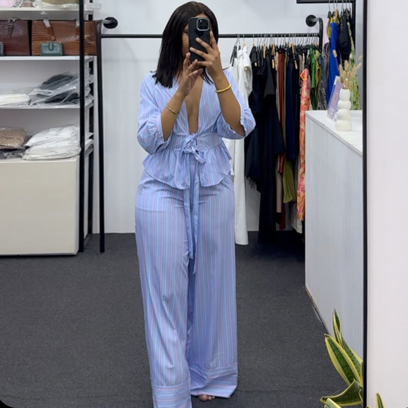 European and american cross-border women's fashion  summer new sweet v-neck striped tie-up shirt wide-leg pants casual set