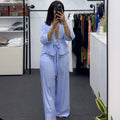 European and american cross-border women's fashion  summer new sweet v-neck striped tie-up shirt wide-leg pants casual set