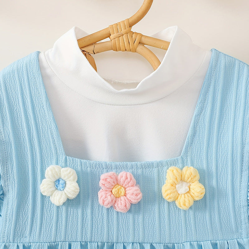 Autumgirldress sky blue cute flying sleeves knittingstereo flower embroiderlong sleeves bottom shirttwo-piece set