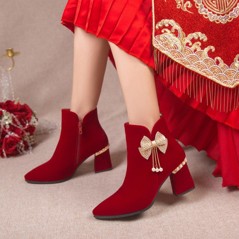 Wedding shoes and boots 2024 new arrival engagement toast red thick heel bridal shoes xiuhe chinoiserie high heels short boots