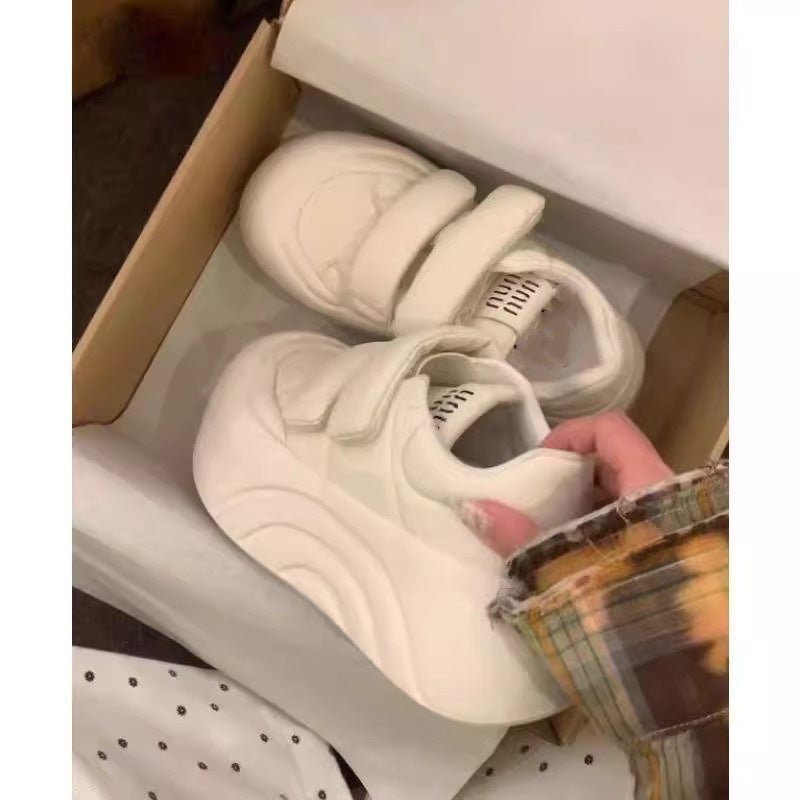 White sneakers for women, spring and summer, height-increasing thick solewhite shoes, velcro ugly sneakers, platform shoes, round-toe bread shoes