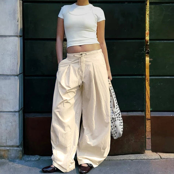 Cross-border European and American street style woven straps drawstring pants lazy wind wide-leg casual trousers pleated loose trousers