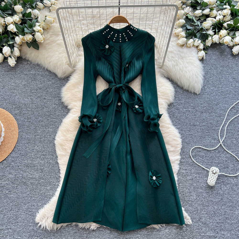 Miya pleated european and american dress for women,  autumn fashion, beaded floral detail, tie-waist, elegant pleated maxi dress