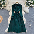 Miya pleated european and american dress for women,  autumn fashion, beaded floral detail, tie-waist, elegant pleated maxi dress