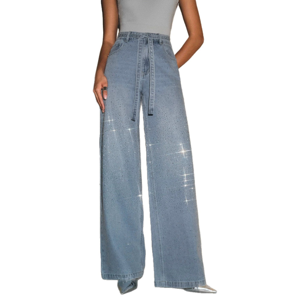 Fashionjeans women's full-width hot diamond with the same material belt light blue washed high waist wide-leg mop denim pants