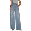 Fashionjeans women's full-width hot diamond with the same material belt light blue washed high waist wide-leg mop denim pants
