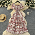 French retro square neck puff sleeve printed dress - women's  summer slimming a-line maxi dress