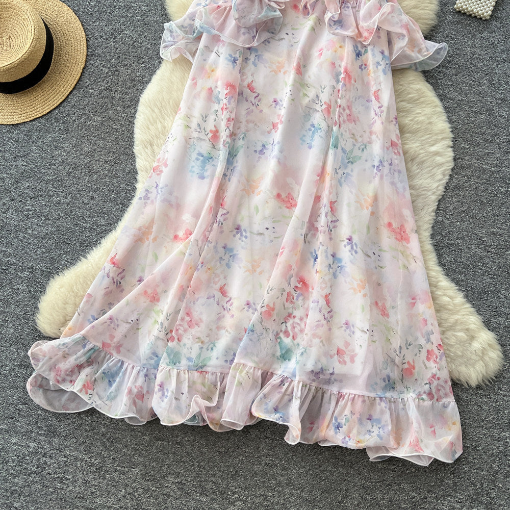 French riviera floral dress - women's summer sleeveless ruffle trim slimming maxi dress
