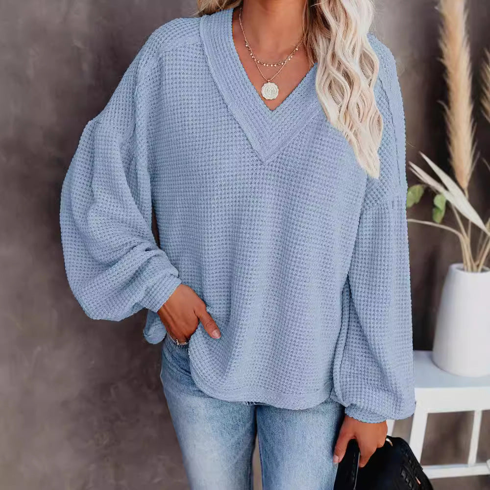fall/winter new arrivals: 's latest european and american fashion women's loose v-neck knit top with lantern sleeves