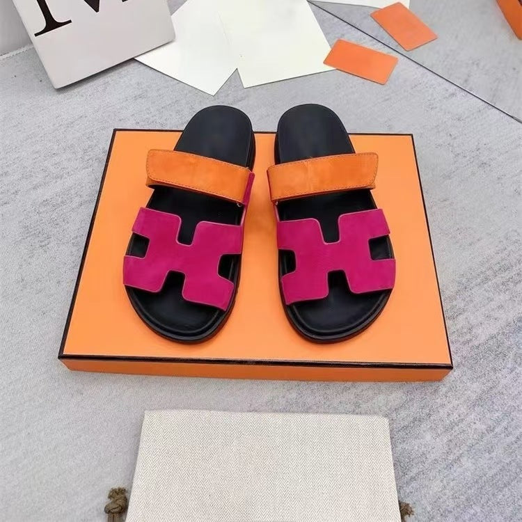 Cross-border second uncle dragging girl thick bottom H slippers 2024 new Velcro  large size fashion slippers wholesale