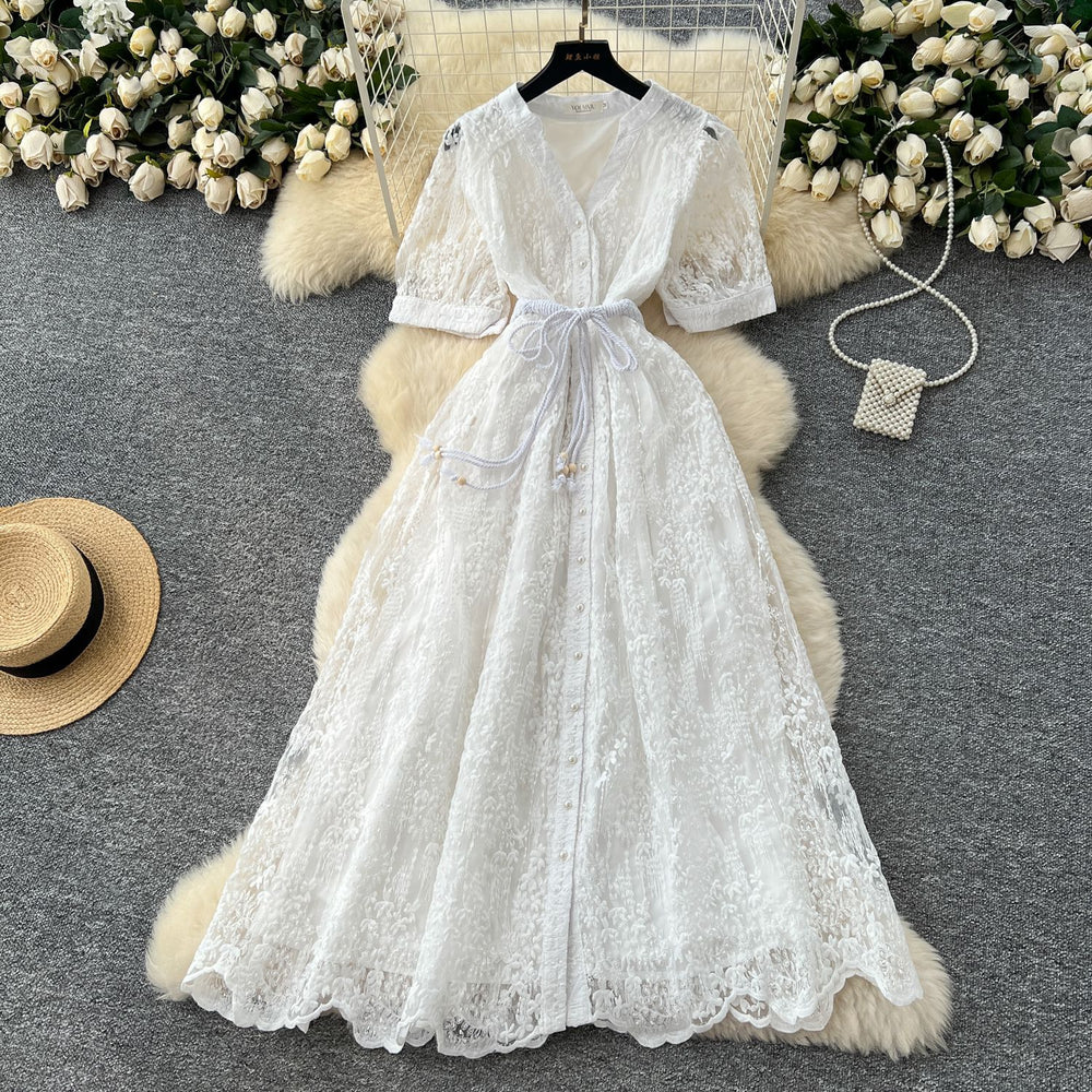 French chic high-end women's dress - 2025 summer fashion: tie-waist, single-breasted, embroidered mesh maxi dress