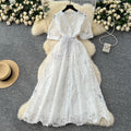 French chic high-end women's dress - 2025 summer fashion: tie-waist, single-breasted, embroidered mesh maxi dress