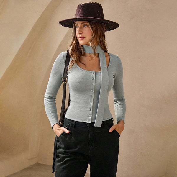 2025 early autumn European and American new niche irregular button design streamer long-sleeved knitted cardigan high-end T-shirt